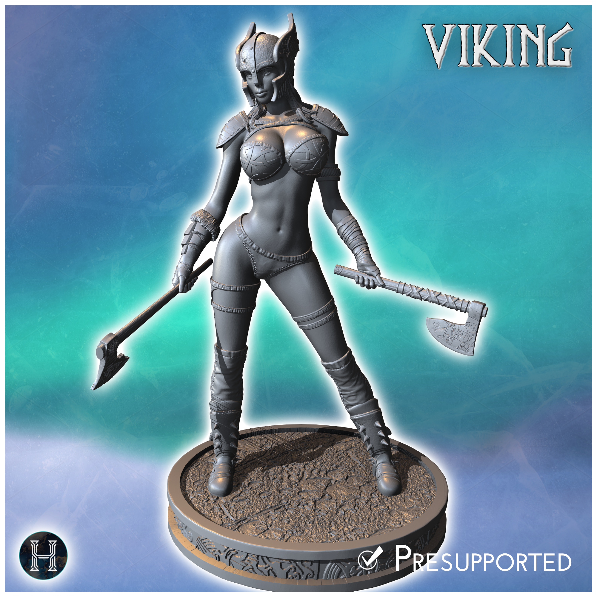 Viking woman wearing a winged helmet and holding two axes, ready for battle (28) - North Northern Norse Nordic Saga 28mm 15mm Medieval Dark Age